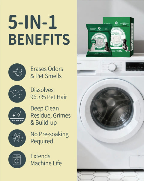 Pet Hair Dissolver Washing Machine Cleaner Powder Four Sachets For Pet Bedding And Fabrics, Removes Up To 96.7 Percent Pet Hair Odors And Stains, 100g Each Sachet, Easy One Per Wash on washer