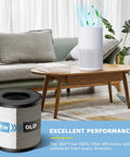 Living room with air purifier on table, showcasing 3-In-1 Replacement Filter For FULMINARE PU-P05 And Purivortex AC201B Air Purifiers