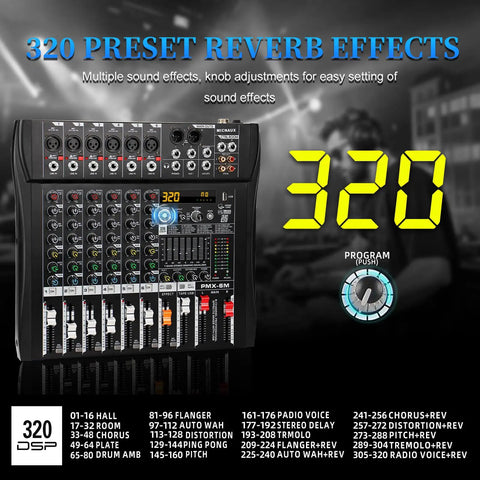 Six Channel Professional Mixer Console With 320 DSP Effects 7 Band EQ Digital DJ Mixer With USB Bluetooth MP3 Recording Independent 48V Power And Mute Button For Live Gigs And Studio Sessions displaying multiple sound effects settings.