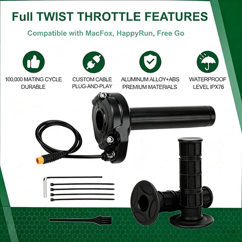 Full Twist Throttle For 12V 72V E Bikes Waterproof 3 Pin Twist Grip Handlebar with cable and accessories displayed.
