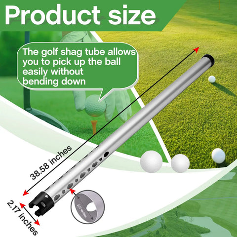 Two Pack Golf Ball Retriever Set Aluminum Alloy 38.6 Inch Ball Collector Grabber Silver Finish with measurement details