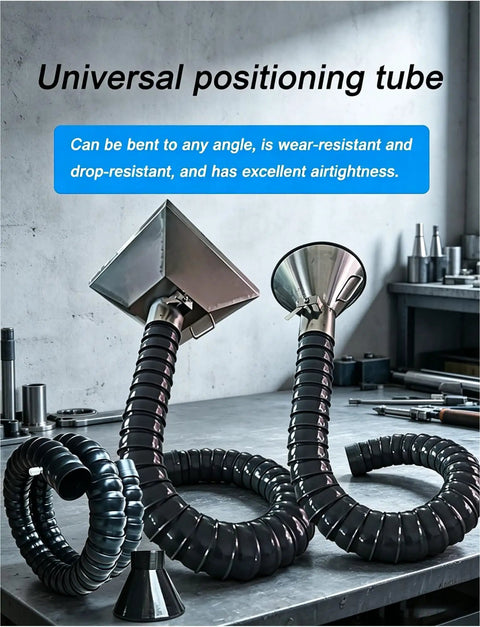 Tough Build Dust Collection Arm With Bendy 360 Degree Swivel Hose For Crowded Shop Welding Smoke Removal And No Sweat Air Filtration Up To Twenty Feet Long. Flexible positioning tube with stainless hood, ideal for tight spaces.
