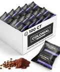 Colombian Arabica Ground Coffee Packets 100 Count Premeasured Frac Packs for 12 Cup Makers, box and individual pack visible.