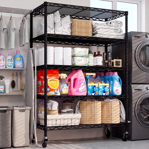 Wire Storage Rack On Wheels, Five Tier Metal Shelving For Kitchen Or Garage, 24 Inch Wide By 18 Inch Deep By 75 Inch High, NSF Approved Durable Steel Frame With Easy Roll Mobility, Perfect For Food, Spices, Utensils, And Daily Essentials, in laundry room