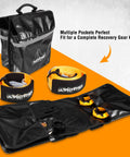 Beefy Off Road Winch Recovery Kit 8 Piece Set With 4x20 Tow Strap 4x8 Tree Saver 33000 Lbs Snatch Block Two Three Quarter Inch D Ring Shackles Recovery Gloves Winch Damper Storage Bag in black and orange storage bag with multiple pockets.