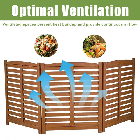 32 Inch Wide By 38 Inch High Three Panel Outdoor AC Fence Screen For Hiding Exterior Unit Trash Cans And Pool Equipment No Dig Wood Privacy Panels With Flexible L Shape Or U Shape Setup Natural Finish, optimal ventilation feature with blue arrows and compost images illustrating airflow and ventilation benefits.