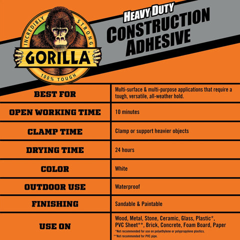 Heavy Duty Construction Adhesive info card with product details and suitable surfaces.