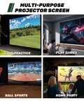 Multi-purpose projector screen showing golf, gaming, sports, and party uses