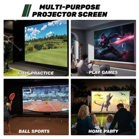 Multi-purpose projector screen showing golf, gaming, sports, and party uses