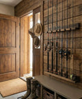 Wall Mounted Burnt Wood Fishing Rod Holder For Garage Adjustable Vertical Pole Rack That Holds Six Rods Rustic Fisherman Organizer