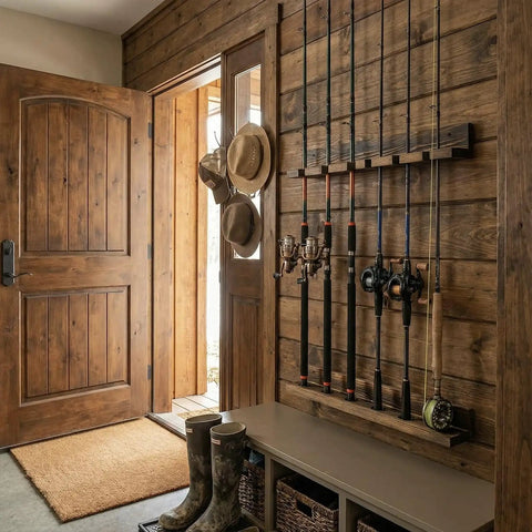 Wall Mounted Burnt Wood Fishing Rod Holder For Garage Adjustable Vertical Pole Rack That Holds Six Rods Rustic Fisherman Organizer