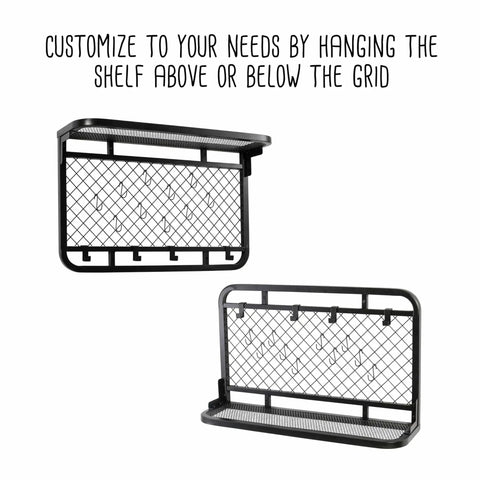Reversible Garage Wall Grid Shelf With Hooks Built Tough Steel Storage Organizer Mounts To Studs Holds Up To 60 Pounds Black