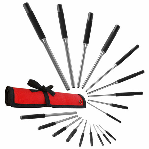 Roll Pin Punch Set 9 Piece Pro Grade Repair Tools Kit With Alloy Steel Pins Pouch displayed in fan shape with red pouch