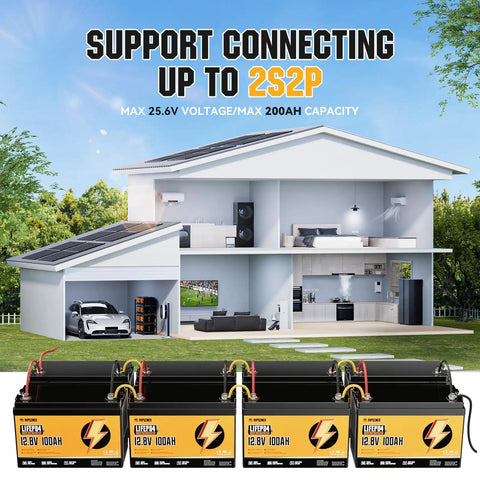 Illustration showing four 12V 100Ah LiFePO4 Batteries with Built In 120A BMS in home solar setup.