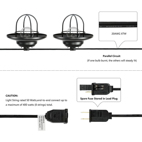 10 Foot Black Rustic Farmhouse LED String Lights with Metal Cage Shade, connectors, plug, and wiring layout details