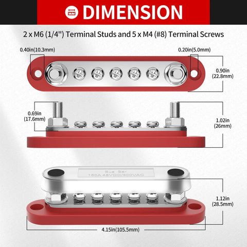 Heavy Duty 150 Amp 12 Volt Bus Bar Snap On Cover Dope Power Distribution Block dimensions with terminal studs and screws