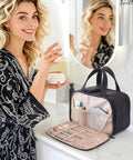 Lightweight Puffy Travel Toiletry Bag For Women With Handle, shown open with makeup brushes and toiletries