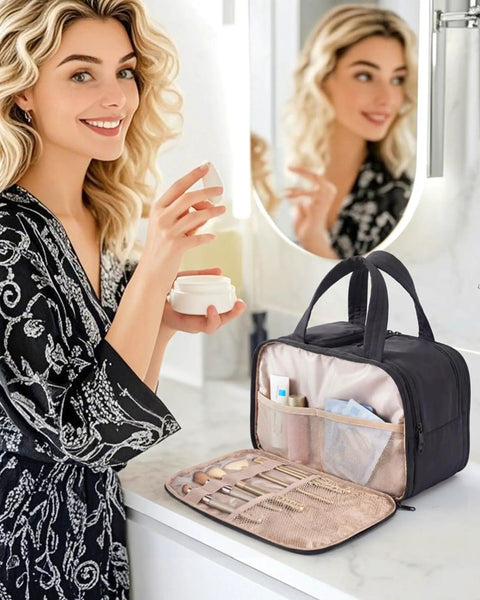 Lightweight Puffy Travel Toiletry Bag For Women With Handle, shown open with makeup brushes and toiletries