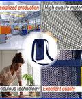 Collage featuring mesh material, manufacturing facility, designer, and blue water bottle pouch with strap.