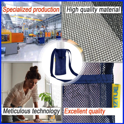 Collage featuring mesh material, manufacturing facility, designer, and blue water bottle pouch with strap.
