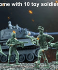 Close-up of RC Military Tank Tiger I WW2 Battle Toy With IR Battle surrounded by 10 toy soldiers, exciting battlefield scene