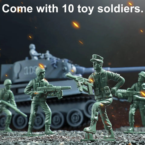 Close-up of RC Military Tank Tiger I WW2 Battle Toy With IR Battle surrounded by 10 toy soldiers, exciting battlefield scene