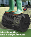 Close-up of Lightweight 24 Inch Compost Spreader With U Shaped Handle And Durable Metal Mesh Basket in use on lawn.
