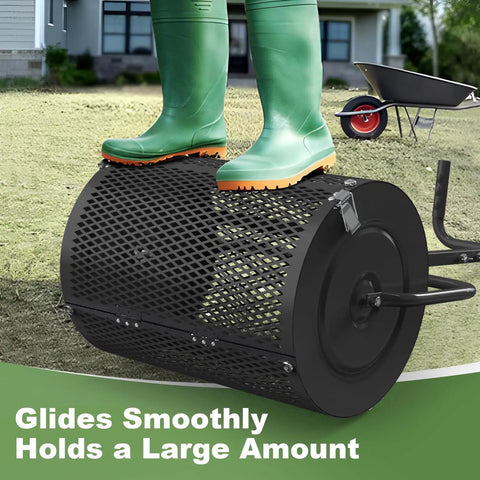 Close-up of Lightweight 24 Inch Compost Spreader With U Shaped Handle And Durable Metal Mesh Basket in use on lawn.