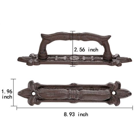 Heavy Duty 8.9 Inch Barn Door Handles 2 Pack in rust color cast iron, rustic vintage look with durable mounting holes, side view