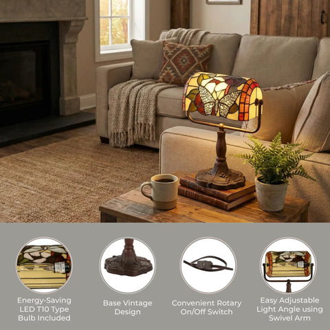 Stained Glass Butterfly Style Bankers Lamp With Handcrafted Design Vintage Vibe Desk Light LED Bulb Included on living room table