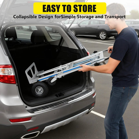 3 In 1 Aluminum Convertible Hand Truck Dolly Heavy Duty Hauler With 800 To 1000 Lb Capacity All Terrain Pneumatic Tires And Smooth Swivel Casters For Easy Load Transport, folded in SUV