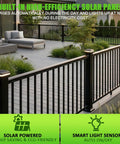 Top Shelf Solar Post Cap Lights 8 Pack offering weatherproof design on black railing during day with solar panel visible.
