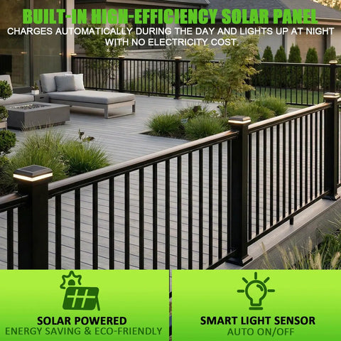 Top Shelf Solar Post Cap Lights 8 Pack offering weatherproof design on black railing during day with solar panel visible.