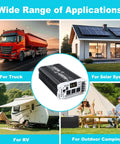 Image showing 2000 Watt Pure Sine Wave Inverter For 24V DC To 110V AC Power Up Anywhere With 4000W Peak applications: truck, solar, RV, camping