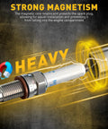 Slick Professional Grade Eight Piece 3/8 Drive Magnetic Swivel Spark Plug Socket Kit showing strong magnetism with spark plug.
