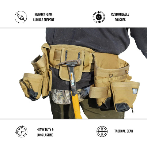 Heavy Duty Built Tough Tactical Tool Belt With Large Pouch Capacity Adjustable Fit And Lumbar Support in Coyote Tan worn by worker