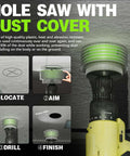 8-in-1 bi-metal hole saw kit with green dust cover mounted on a yellow drill