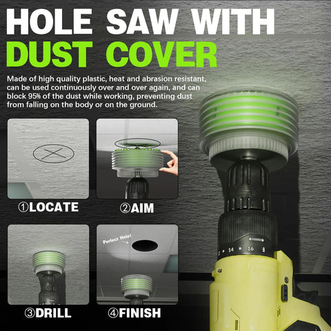 Instructions for using 6 Inch Hole Saw For Recessed Lights With Dust Bowl Catcher, showing steps to achieve clean cuts.
