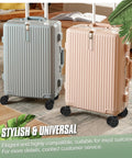 Two hard-shell suitcases with 50mm spinner double row casters in silver and beige, standing on the floor in a living room setting.