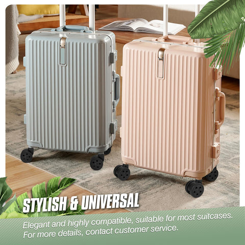 Two hard-shell suitcases with 50mm spinner double row casters in silver and beige, standing on the floor in a living room setting.