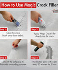 Instructions for using Tan 1.4 Lb Crack Filler for Concrete Masonry and Asphalt, showing steps to clean, apply, smooth, and spray.