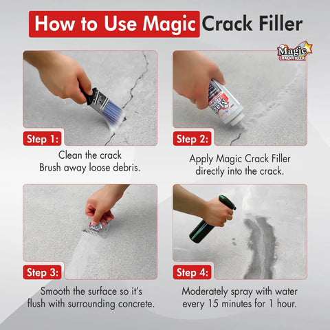 Instructions for using Tan 1.4 Lb Crack Filler for Concrete Masonry and Asphalt, showing steps to clean, apply, smooth, and spray.