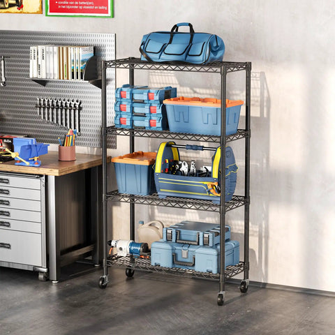 Built Like A Tank Four Tier Heavy Duty Wire Storage Shelves With Wheels For Closet Bathroom Pantry Kitchen Garage And Laundry Room Organization Black Steel Adjustable Height Shelving Unit Each Shelf Holds 350 Pounds Total 1400 Pound Capacity showcasing blue and orange storage boxes