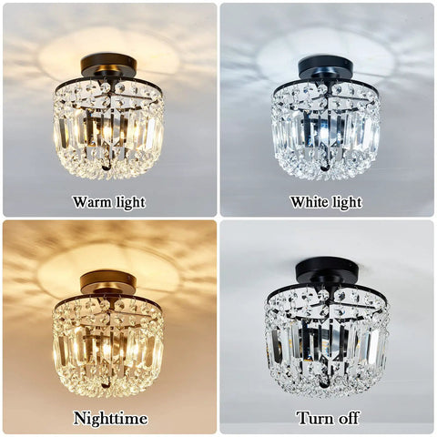 Totally Chic Crystal Chandelier Two Light Modern Semi Flush Mount Ceiling Fixture, showing warm, white, nighttime, and off lighting