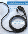J1772 Level 2 EV Charger 40 Amp 9.6 KW With 25 Ft NEMA 14-50 Cord Plug And Play Setup close-up of UL-certified 25ft cable in snow