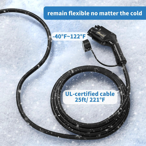 J1772 Level 2 EV Charger 40 Amp 9.6 KW With 25 Ft NEMA 14-50 Cord Plug And Play Setup close-up of UL-certified 25ft cable in snow