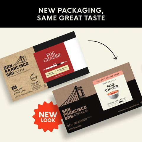 New packaging for Fog Chaser Medium Dark Roast K Cup Compatible Coffee Pods 80 Count Single Serve Compostable Pods