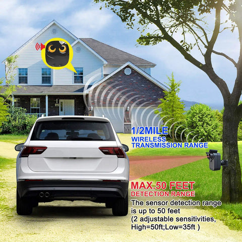 Half Mile Range Wireless Driveway Alarm Kit with Weather Resistant Motion Sensors monitoring a driveway