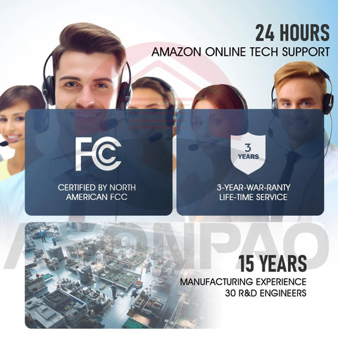 Customer support team and manufacturing process for 24-hour online tech support by Amazon with FCC certification and warranty.