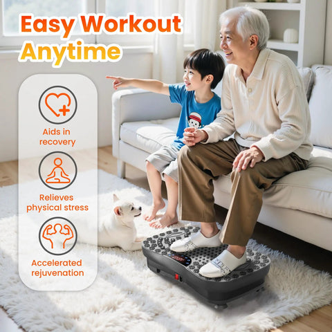 Elderly man and child using Vibration Plate Fitness Platform For Full Body Workout, Home Shaker Board, Exercise Machine For Weight Loss.
